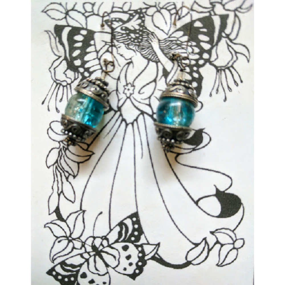 Hand Beaded Earrings w/ Crystal, Glass, Semi Precious Stone Small Bali & Blue